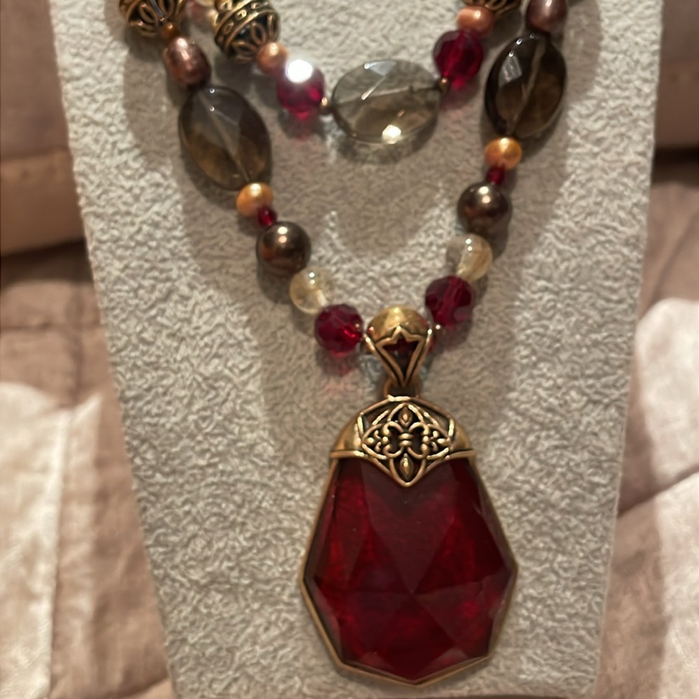 Studio Barse Red and Gold Necklace with Faceted Pendant